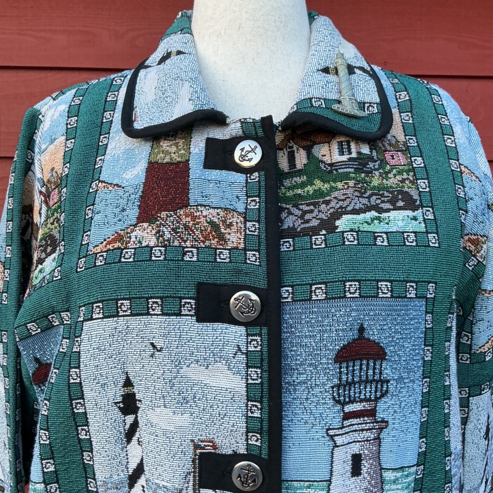 Blair Tapestry Jacket Womens L Blue Green Lighthouse Nautical Vintage Coastal - Picture 5 of 11